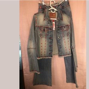 Guess jean denim pants jacket set country red 27 M y2k rodeo queen rhinestone